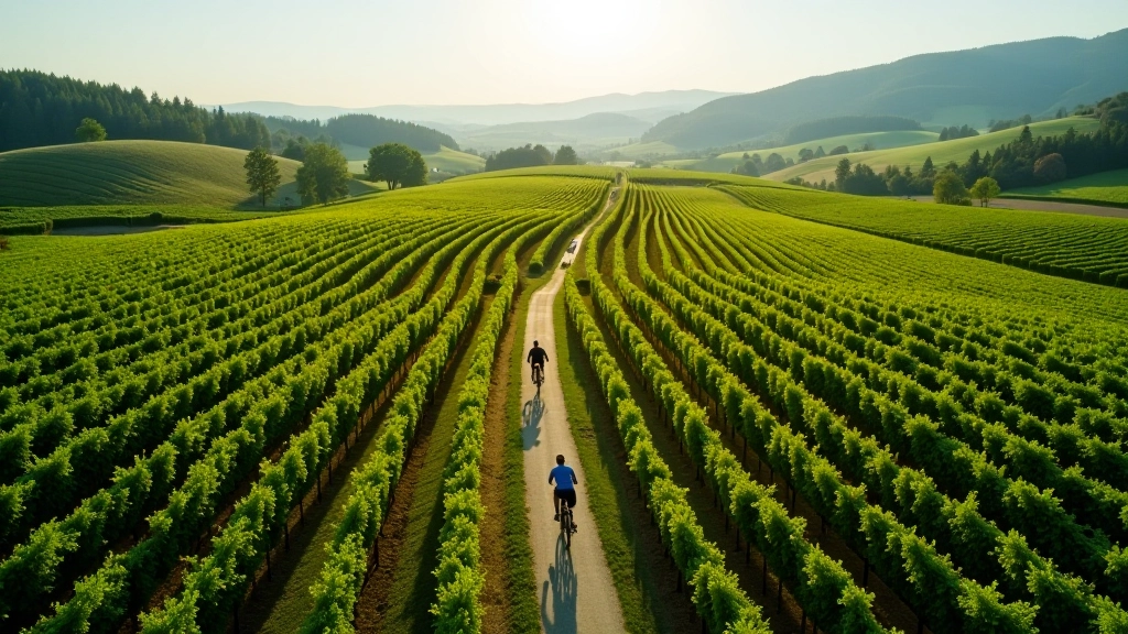 Vineyard landscape with cycling path winding through grapevines