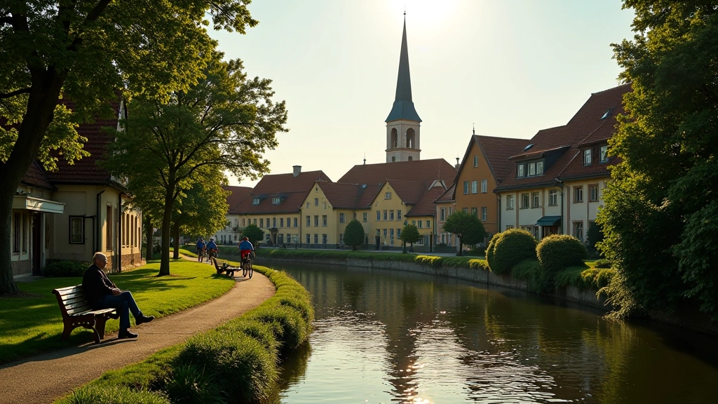 Picturesque small village with traditional Czech architecture nestled beside the Vltava River, church steeple visible, cyclists resting on benches near the water's edge