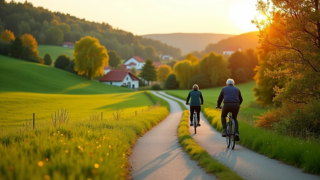 Scenic cycling path winding through green rolling hills with traditional village houses in the distance, autumn landscape