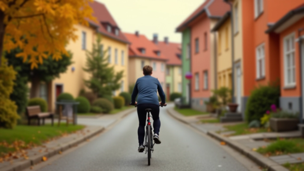 Cyclist riding through peaceful village street with colorful buildings