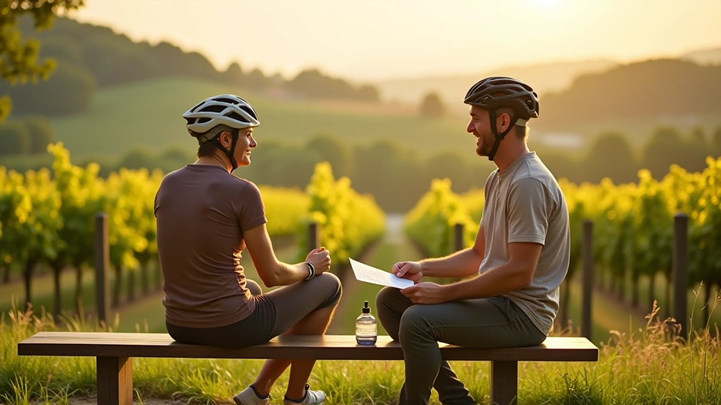 Cyclist resting on bench at vineyard overlook with map and water bottle, South Moravia landscape in background