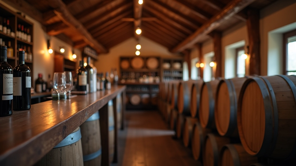 Interior of family-run Czech winery with wooden barrels, wine bottles, and tasting counter with natural light from window