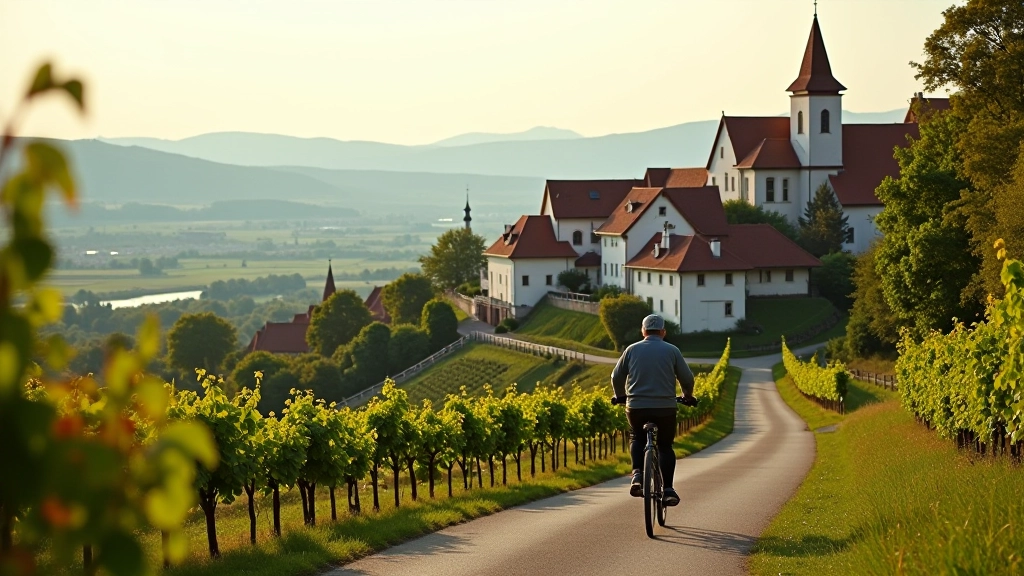 Small Czech wine village Pavlov with traditional houses on hillside overlooking Danube plain, church steeple visible, vineyard landscape