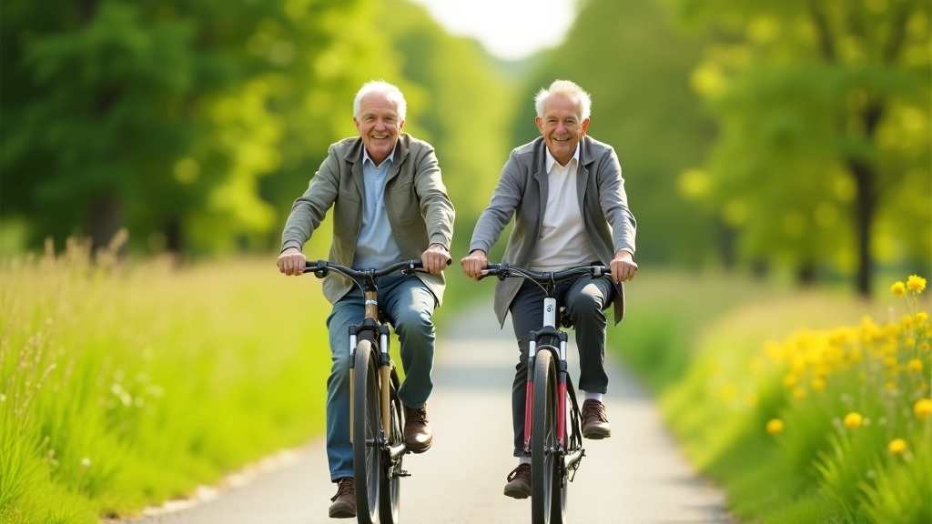 Mature cyclists enjoying a leisurely ride on a scenic countryside path in Czech Republic
