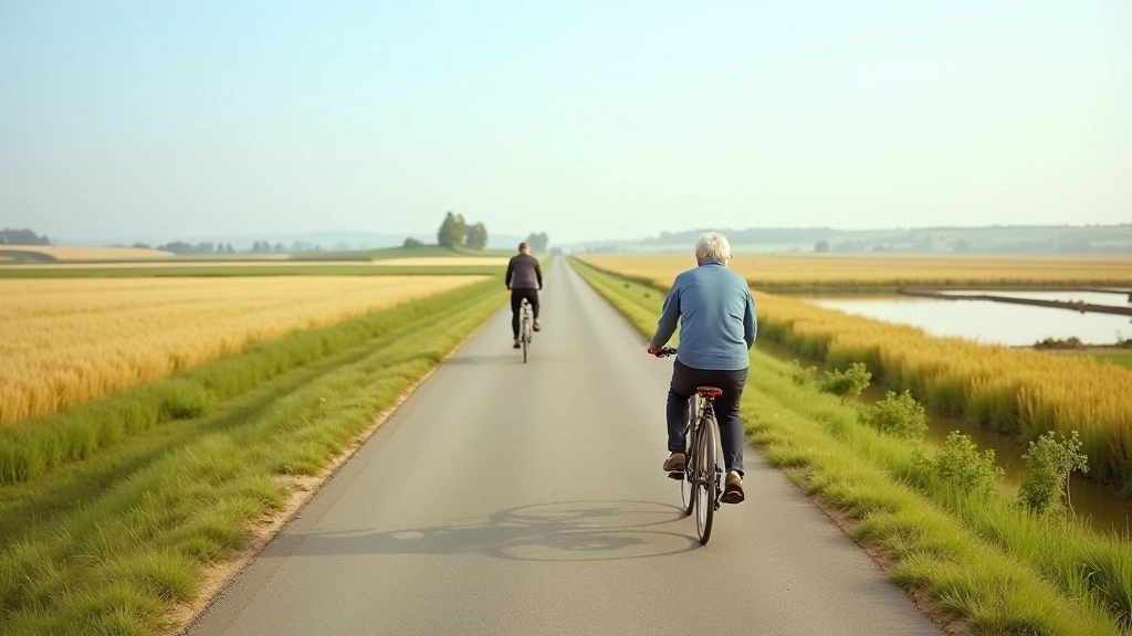 Wide farmland landscape with cycling path stretching toward horizon, ponds and agricultural fields visible in South Bohemia