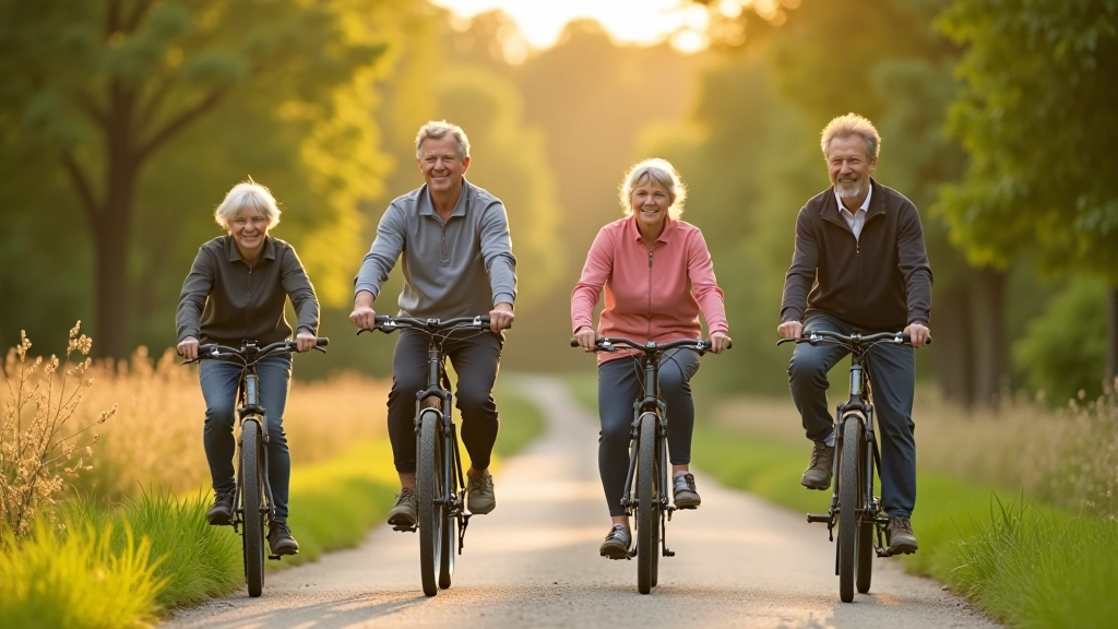 Group of happy cyclists aged 55-75 posing together on a countryside cycling path