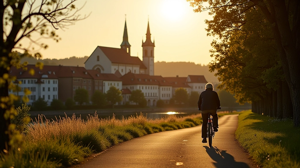 Medieval tower and historic stone buildings of Kutná Hora with cyclist pedaling on a tree-lined path in the foreground, golden afternoon light on architecture