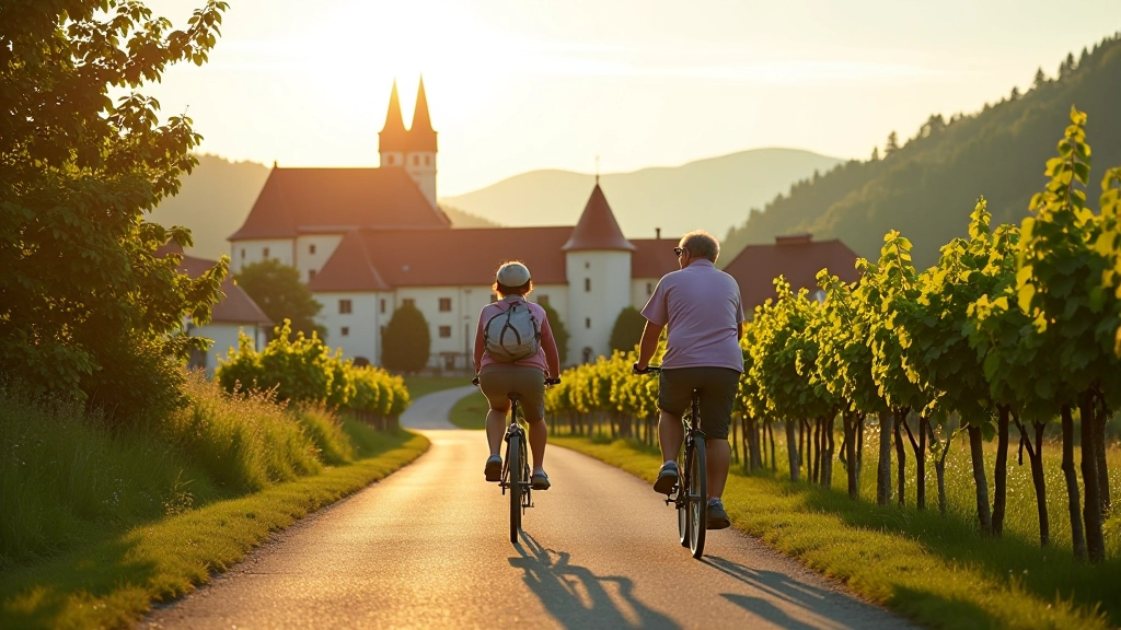 Mikulov castle overlooking town with traditional Czech wine village buildings and church tower, cycling route visible on hillside