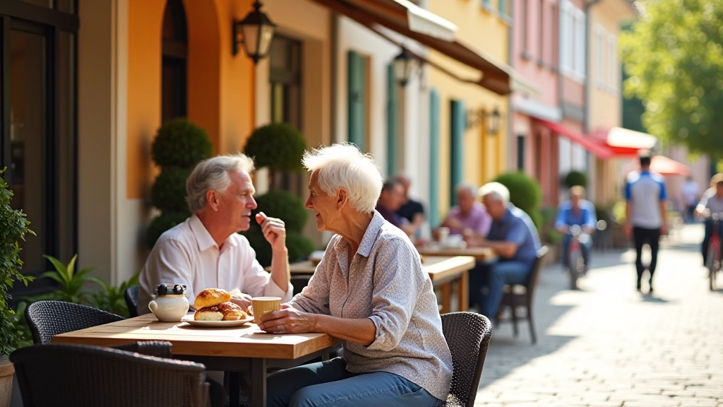 Outdoor cafe with cyclists taking a break, enjoying coffee and pastries on a sunny village street