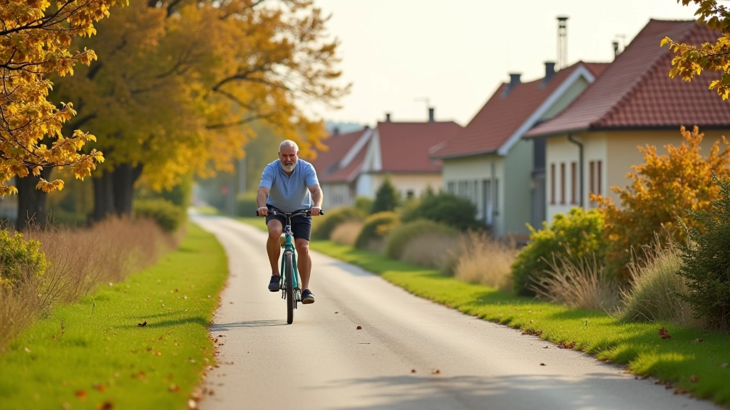 Peaceful village square with cyclist and colorful buildings, autumn trees in background