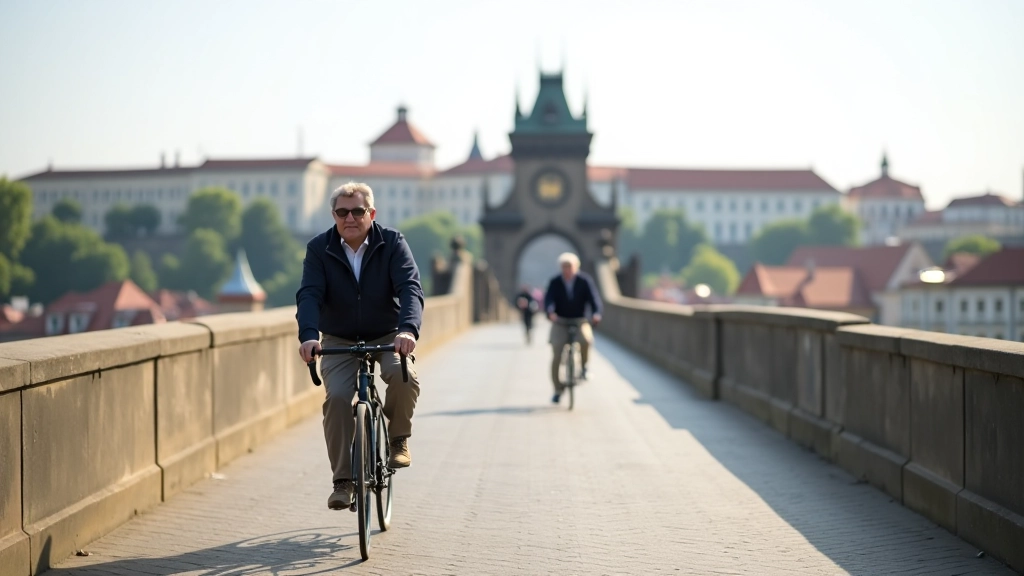 Historic Prague bridge with cyclists crossing, old town architecture in background