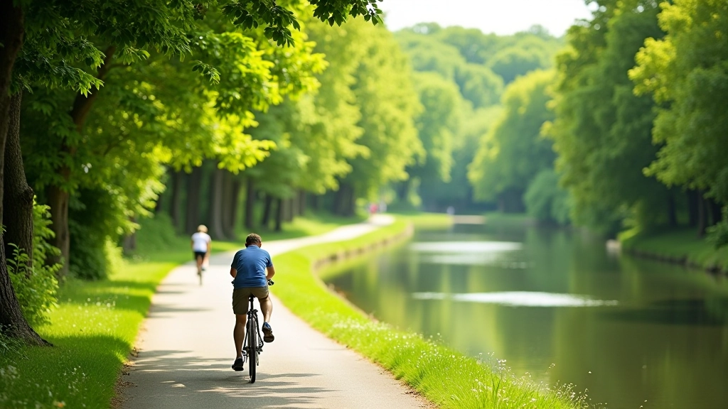 Scenic cycling path alongside a river with green trees and clear water reflecting sunlight