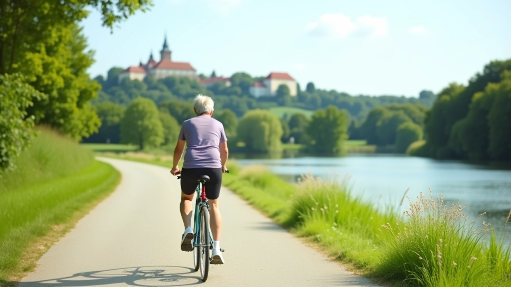 Paved cycling path running alongside the Vltava River with Mělník castle visible in the distance on a hillside, green water and lush vegetation on both sides