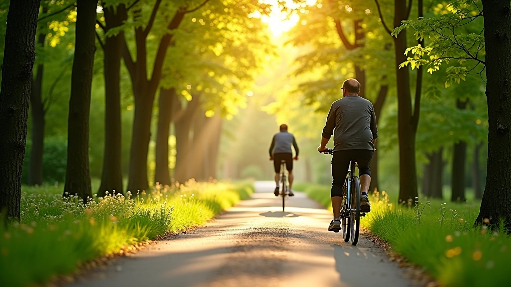 Forest cycling path through South Bohemia with tall trees and natural vegetation, peaceful woodland setting, relaxed weekend cycling route