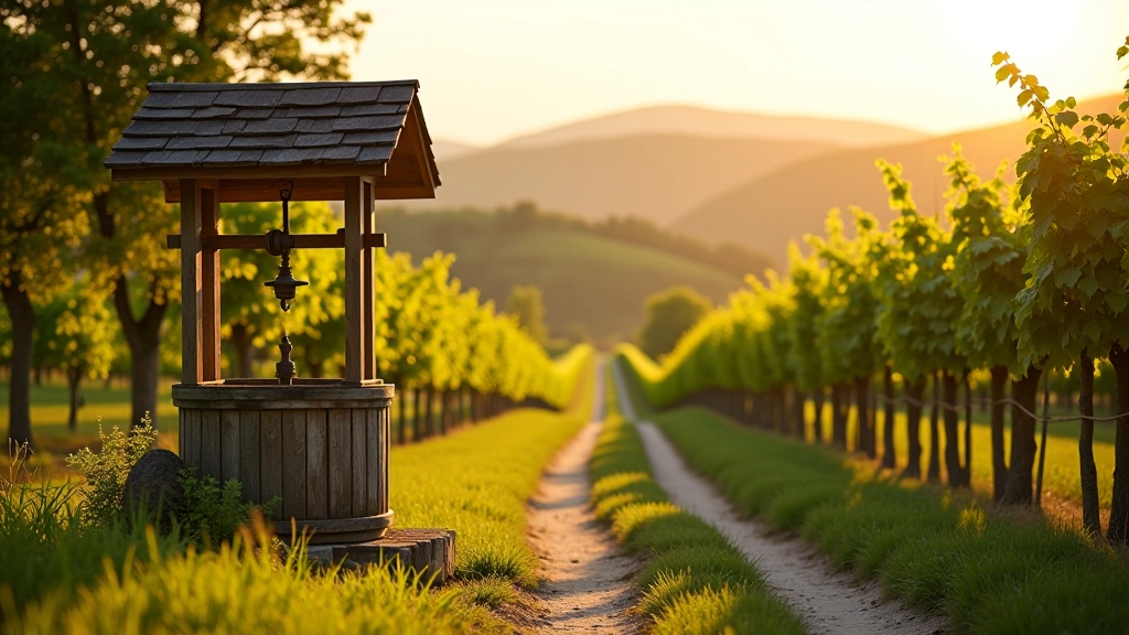 Cycling path through South Moravia vineyard region with rolling hills and traditional wooden wine press in foreground