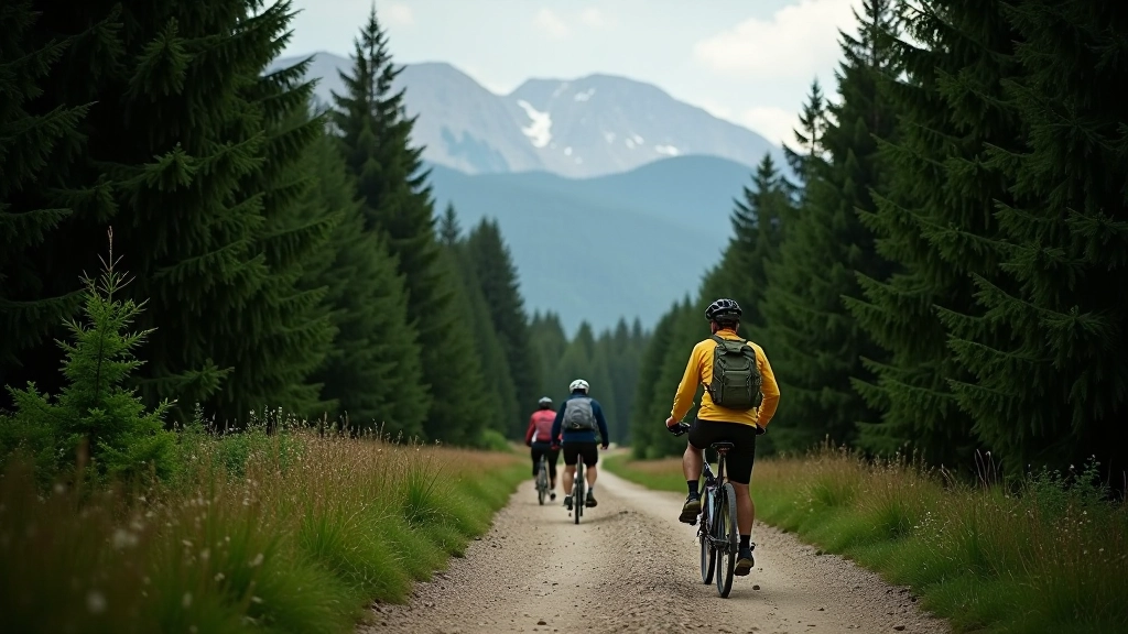 Dense forest cycling trail with tall spruce trees and peaceful mountain path in Šumava region