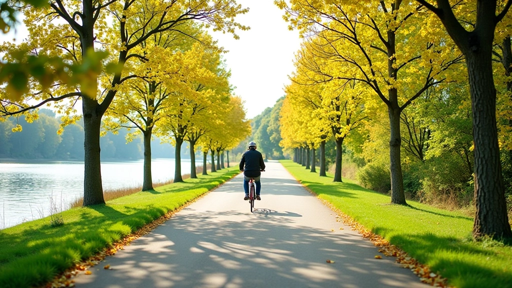 Scenic river cycling path with green vegetation and calm water reflecting autumn sky